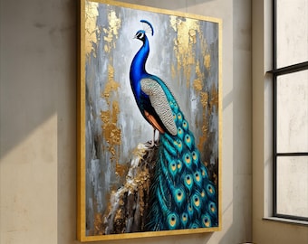 Tela de pavão azul majestoso, arte de parede com textura de folha de ouro, pintura de pássaro elegante, tela de penas da natureza, decoração de luxo para casa, pronta para pendurar
