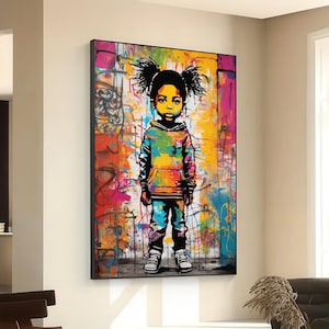 Urban Street Art Girl Canvas, Colorful Graffiti Wall Art, Modern Kids Portrait, Vibrant Pop Art Canvas, Contemporary Home Decor