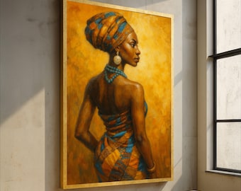 African Woman Portrait Canvas Wall Art, Ethnic Home Decoration, Vibrant Orange Blue Canvas, Tribal Fashion Painting, Elegant Female Artwork