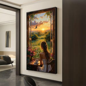 Serene Sunrise View, Open Window Canvas, Woman with Coffee, Floral Home Decor, Countryside Landscape Canvas Wall Art, Relaxing Morning Scene