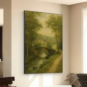 Ruhiger Landschaftsbach, Steinbogenbrücke Leinwand, rustikale Landschaftswandkunst, ruhige Naturszene Leinwand, Wohnkulturanstrich