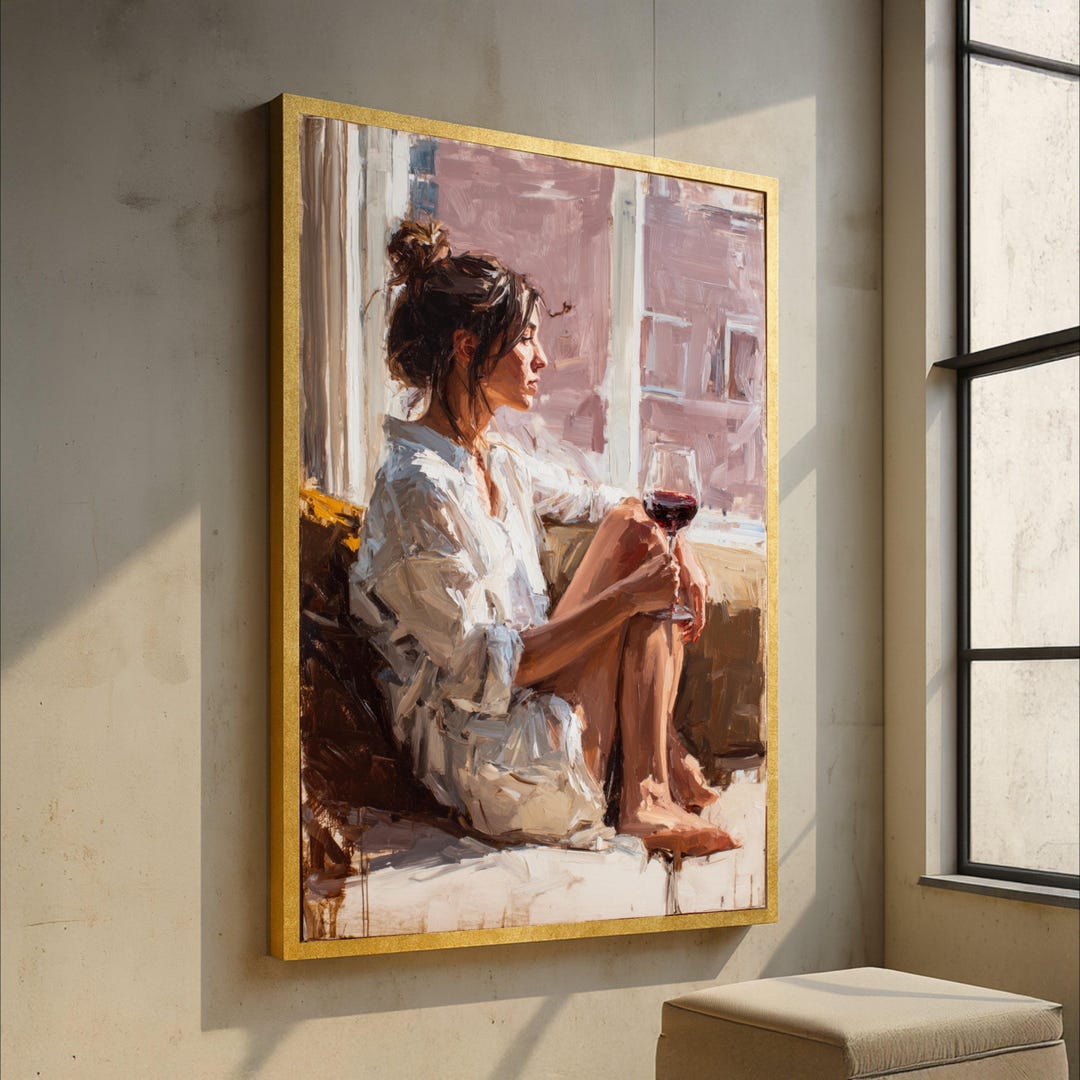 Woman Relaxing With Wine Glass, Cozy Interior Canvas, Impressionist ...
