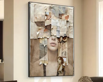 Abstract Collage Portrait Canvas, Mixed Media Wall Art, Vintage Paper Texture, Contemporary Home Decoration, Neutral Tones Canvas