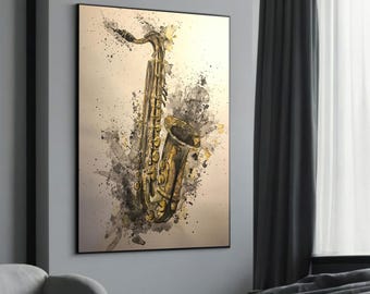 May include: A watercolor painting of a gold saxophone with black accents on a white background with brown and gray splatters of paint.