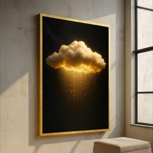 May include: A framed art print featuring a golden cloud against a black background. The cloud is illuminated with a golden light that appears to be raining down. The frame is gold.