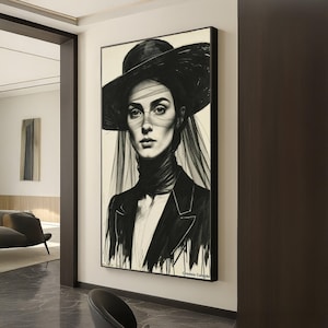 Elegant Woman Portrait Canvas, Black Hat Veil Art, Fashion Illustration Wall Art, Monochrome Canvas, Stylish Home Decoration