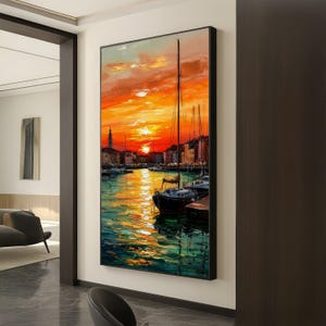 Vibrant Harbor Sunset Canvas, Sailboats at Dusk Wall Art, Orange Sky Reflection, Coastal Landscape Painting, Nautical Home Decor
