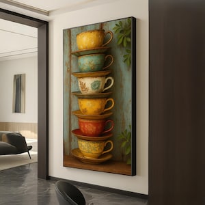 Rustic Vintage Teacup Stack – Colorful Country Style Wall Art Print for Farmhouse Kitchen or Cozy Cottage Decor