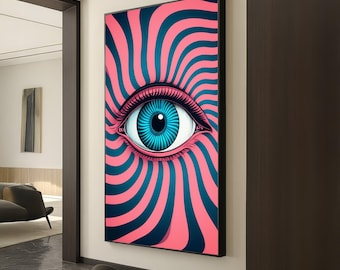 Hypnotic Blue Eye Canvas Wall Art, Abstract Optical Illusion, Psychedelic Eyelash Design, Modern Home Decoration, Ready to Hang