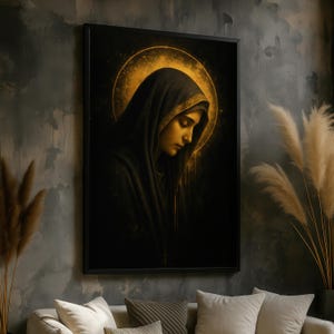 Virgin Mary Canvas Wall Art – Holy Mother Portrait with Gold Halo – Christian Religious Print – Modern Spiritual Home Decor