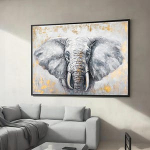 Elegant Elephant Canvas Wall Art - Majestic Wildlife Painting with Gold Accents, Modern Safari Decor, Ready to Hang Home Artwork