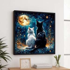 Verzauberte Nachtkatzen Leinwand, Schwarz-Weiße Katzen Wandkunst, Mondschein Fantasy Szene, Sternenhimmel Wohnkultur, Wunderliche Tier Leinwand