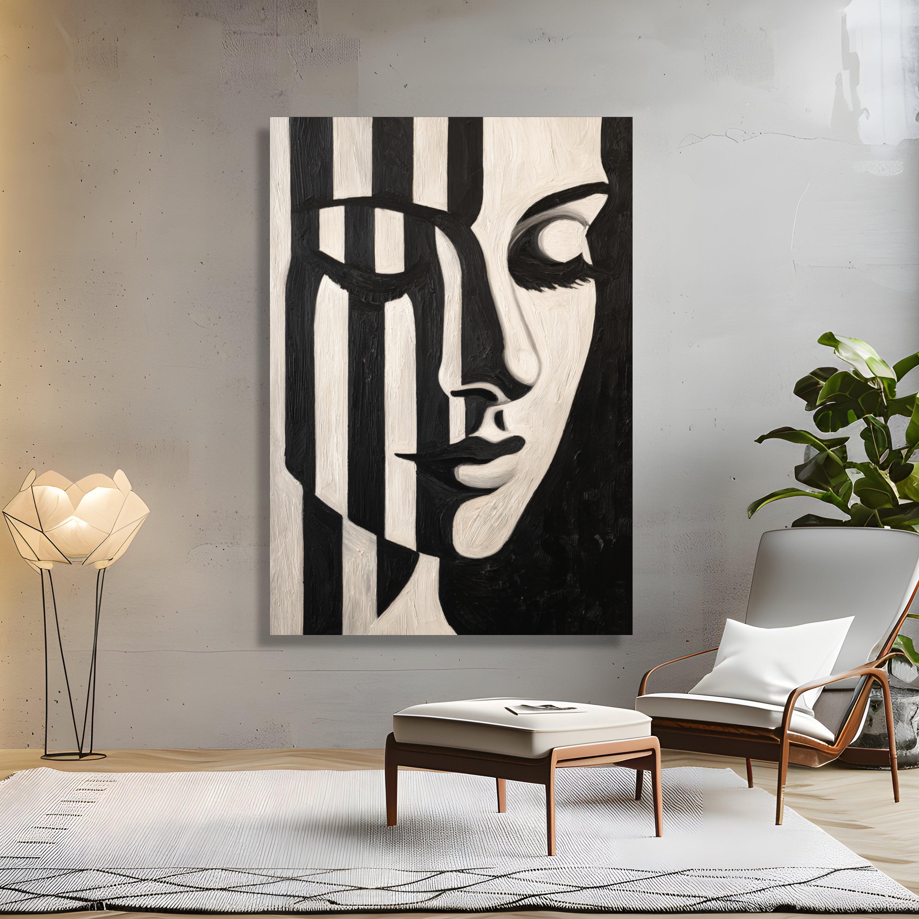 Abstract Black and White Face Canvas, Modern Minimalist Wall Art ...