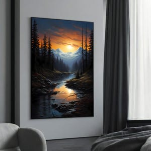 Peaceful Mountain Sunset Reflection - Stunning Landscape Canvas Painting Gift for Nature Lovers and Tranquil Home Decor