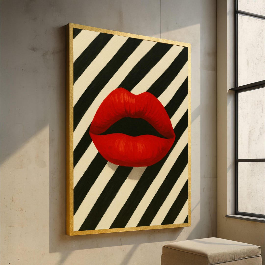 Bold Red Lips Canvas Wall Art, Modern Pop Art Lips Painting, Striped ...