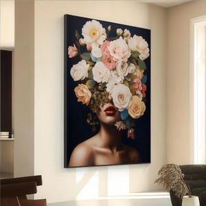 Floral Woman Portrait Wall Art - Surreal Botanical Face Canvas - Elegant Feminine Flower Head Print for Modern Home Decor