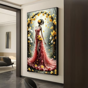 Elegant Woman in Floral Dress Canvas, Yellow Rose Garden Art, Romantic Flower Wall Art, Fantasy Femme Decor, Luxury Home Decoration