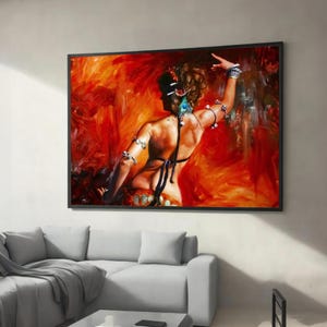 Lienzo decorativo para pared con una apasionada bailarina de flamenco: pintura abstracta en rojo vibrante, decoración con movimiento de baile sensual, obra de arte lista para colgar