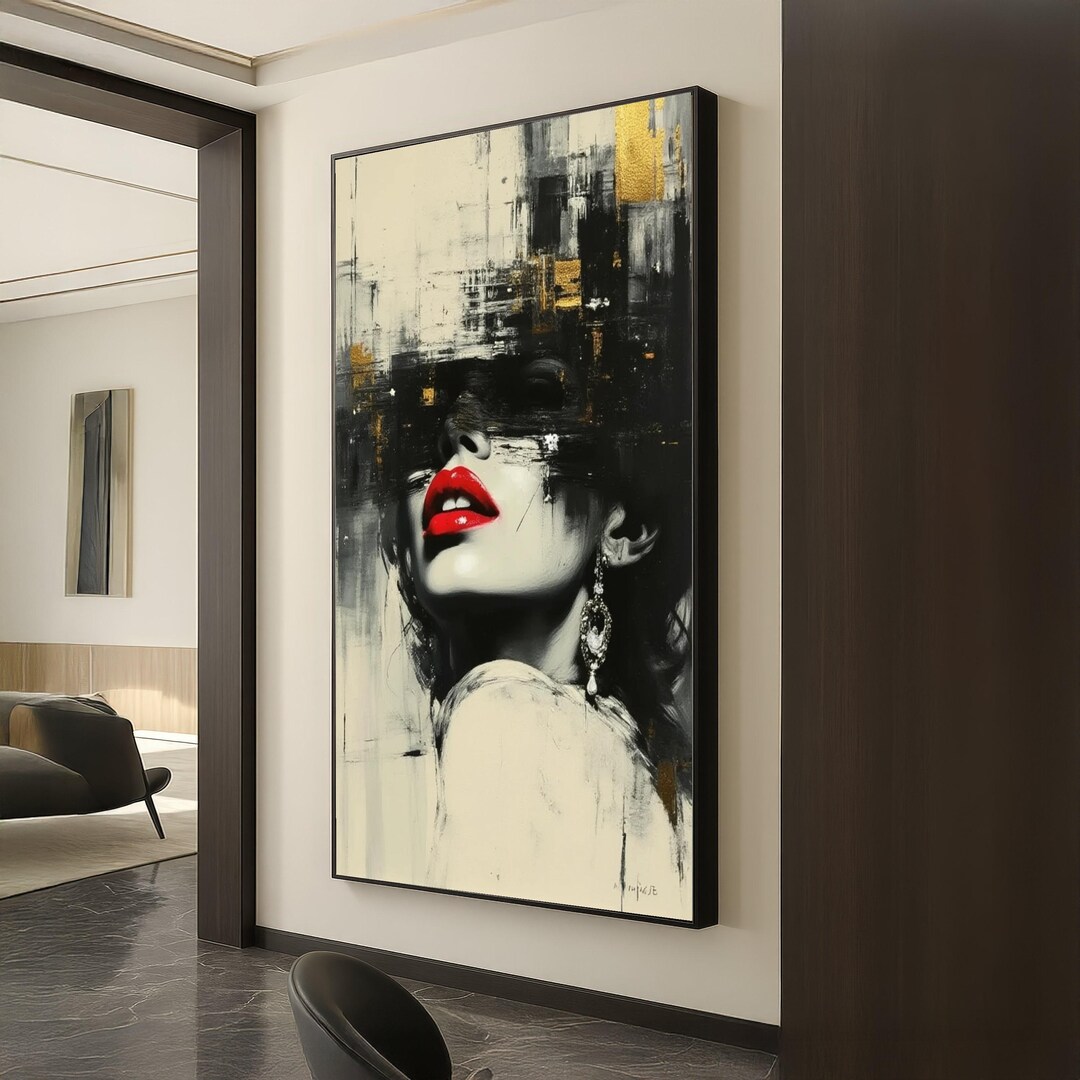 Elegant Woman Portrait Canvas, Red Lips Wall Art, Modern Glamour Canvas ...