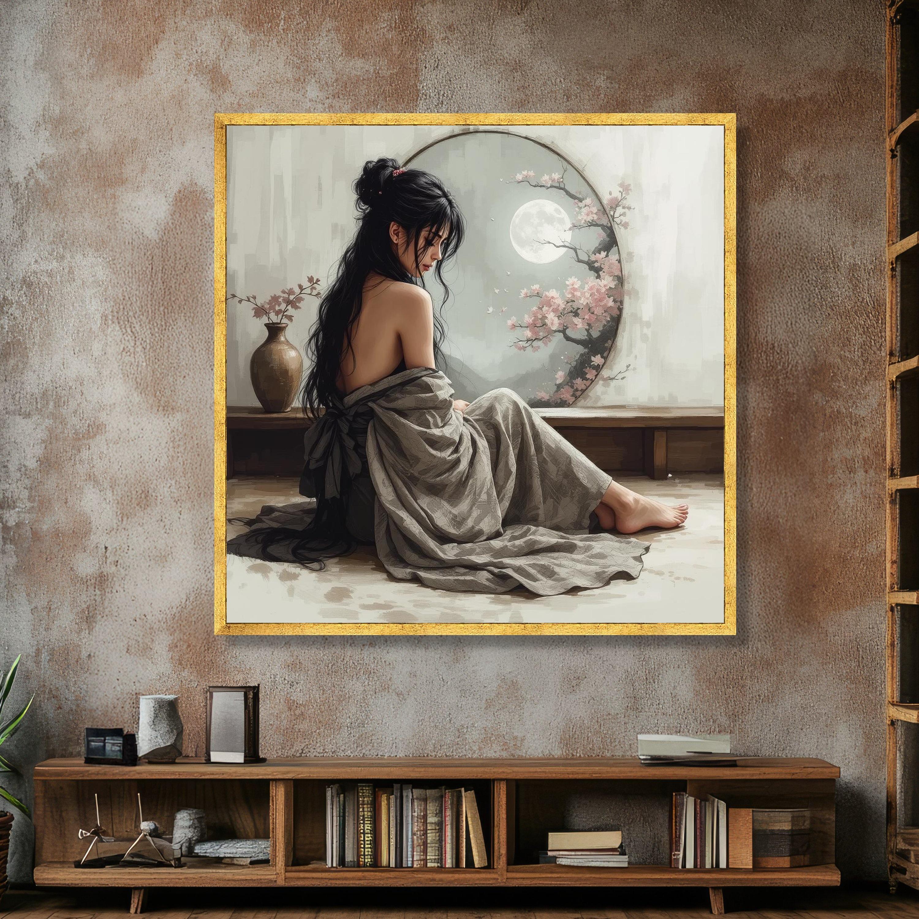 Serene Asian Woman Sitting, Moonlit Cherry Blossom Canvas