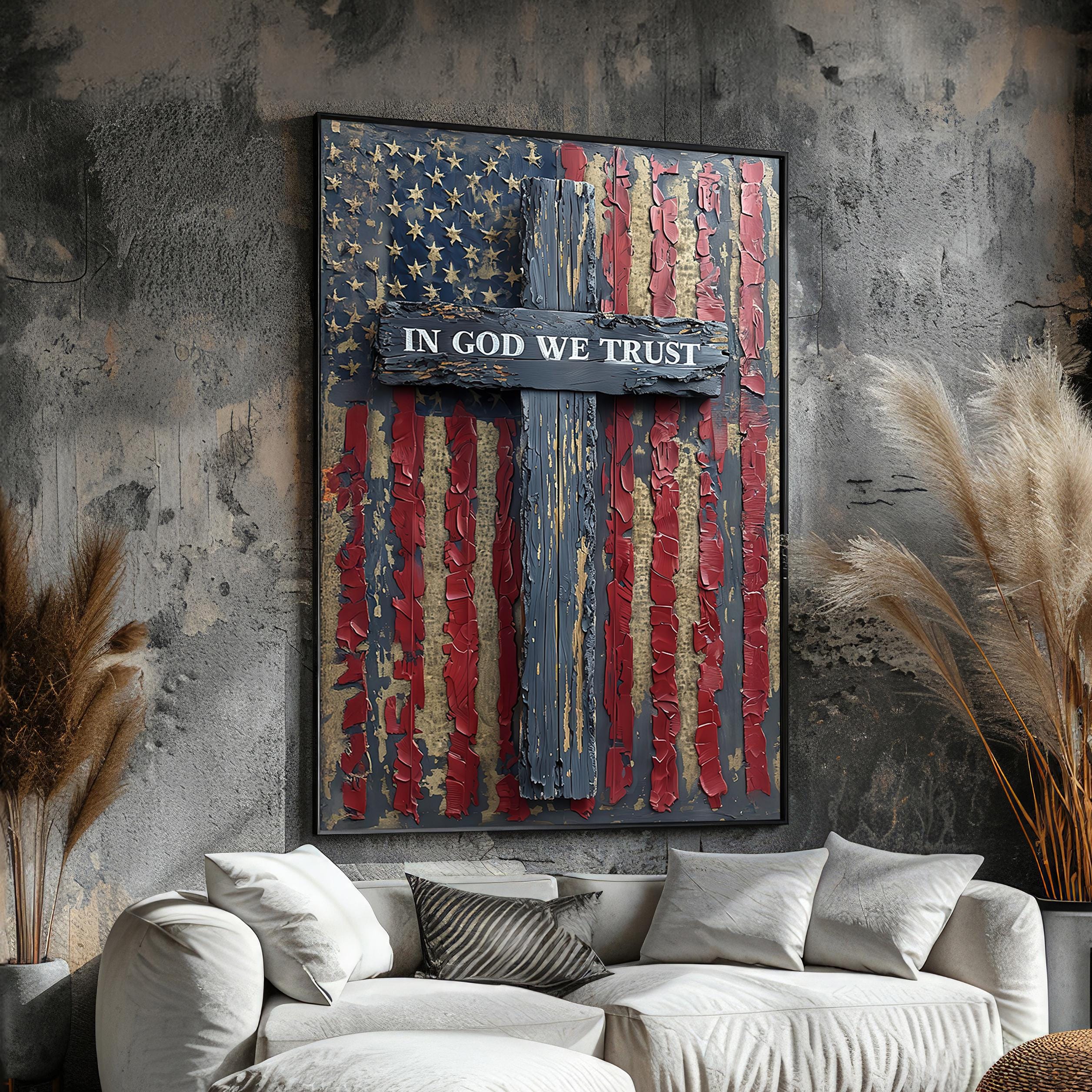 In God We Trust Cross Canvas – Rustic American Flag Christian Wall