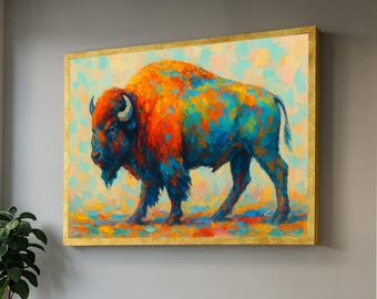 Levendige abstracte bizon canvas muurkunst, kleurrijke buffel schilderij, modern wildlife decor, gedurfde dieren canvas print, klaar om op te hangen kunstwerk