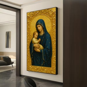 Virgin Mary and Baby Jesus Canvas – Gold Frame Christian Icon Wall Art – Holy Mother and Child Religious Print – Catholic Home Decor