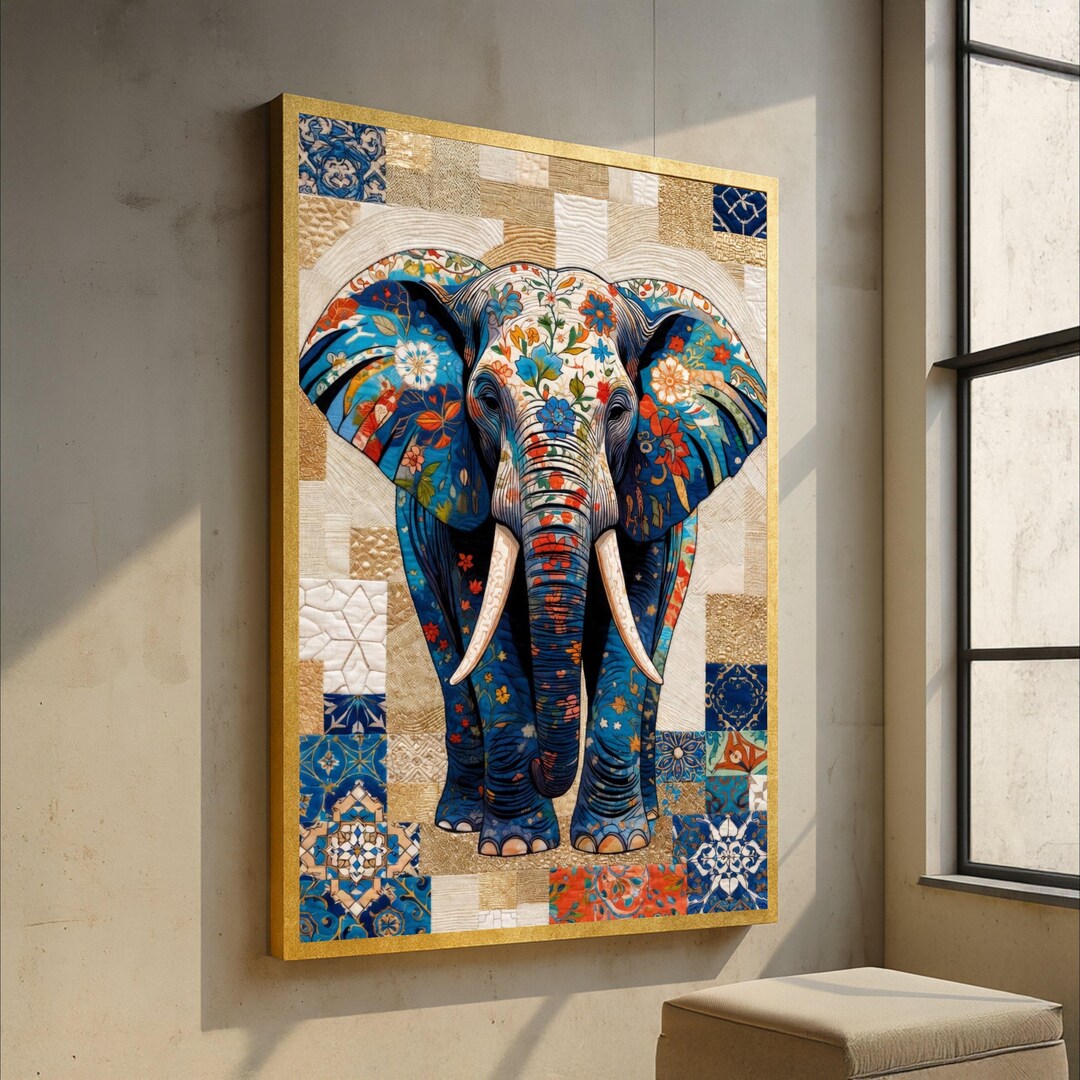 Floral Elephant Canvas Wall Art, Colorful Animal Wall Decor, Blue and ...