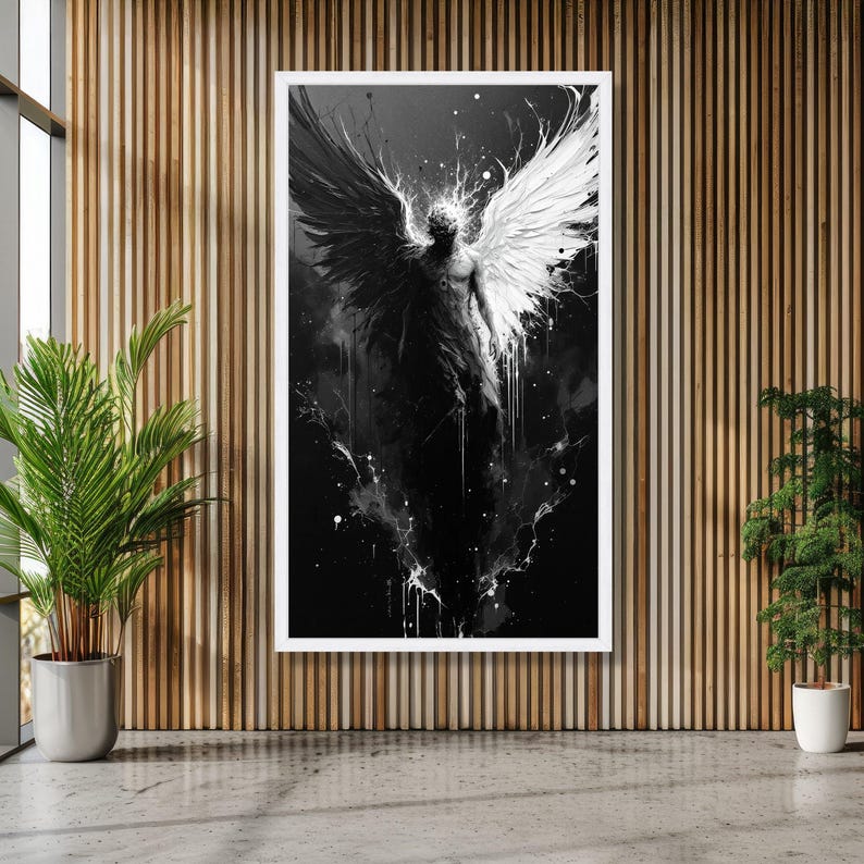Duality Angel Canvas Wall Art, Black and White Wings Abstract Painting, Spiritual Contrast Decor, Modern Canvas Artwork, Dark and Light Home image 5