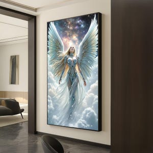 Celestial Angel Woman Canvas, Fantasy Winged Figure Wall Art, Ethereal Sky Scene Canvas, Mystical Home Decor, Ready to Hang Artwork