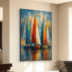 Bunte Segelboote im Hafen, abstrakte nautische Leinwand, lebendige Ozeanszene Wandkunst, Palettenmesser, moderne Dekoration