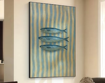 Three Blue Fish Canvas Wall Art, Nautical Kitchen Decor, Ocean Life Painting, Coastal Theme Canvas, Sea Creature Wall Hanging