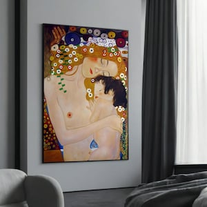 グスタフ・クリムトの「母と子」キャンバス画 – 優しく時代を超えた愛の表現が美しい贈り物として表現されています