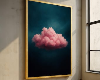 Quadro decorativo em tela com nuvens rosa, paisagem celeste onírica, decoração de nuvens em tons pastel suaves, tela surreal da natureza, peça moderna para pendurar na parede.