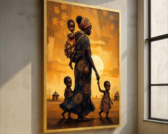 African Mother and Children Canvas, Family Heritage Wall Art, Sunset Landscape Painting, Tribal Culture Canvas, Home Decor Artwork