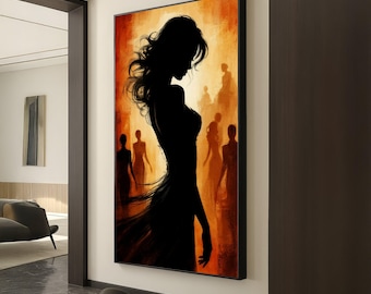 Elegant Silhouette of Woman Canvas Wall Art, Abstract Female Figure Painting, Modern Fashion Art, Warm Orange Tones, Stylish Home Decor