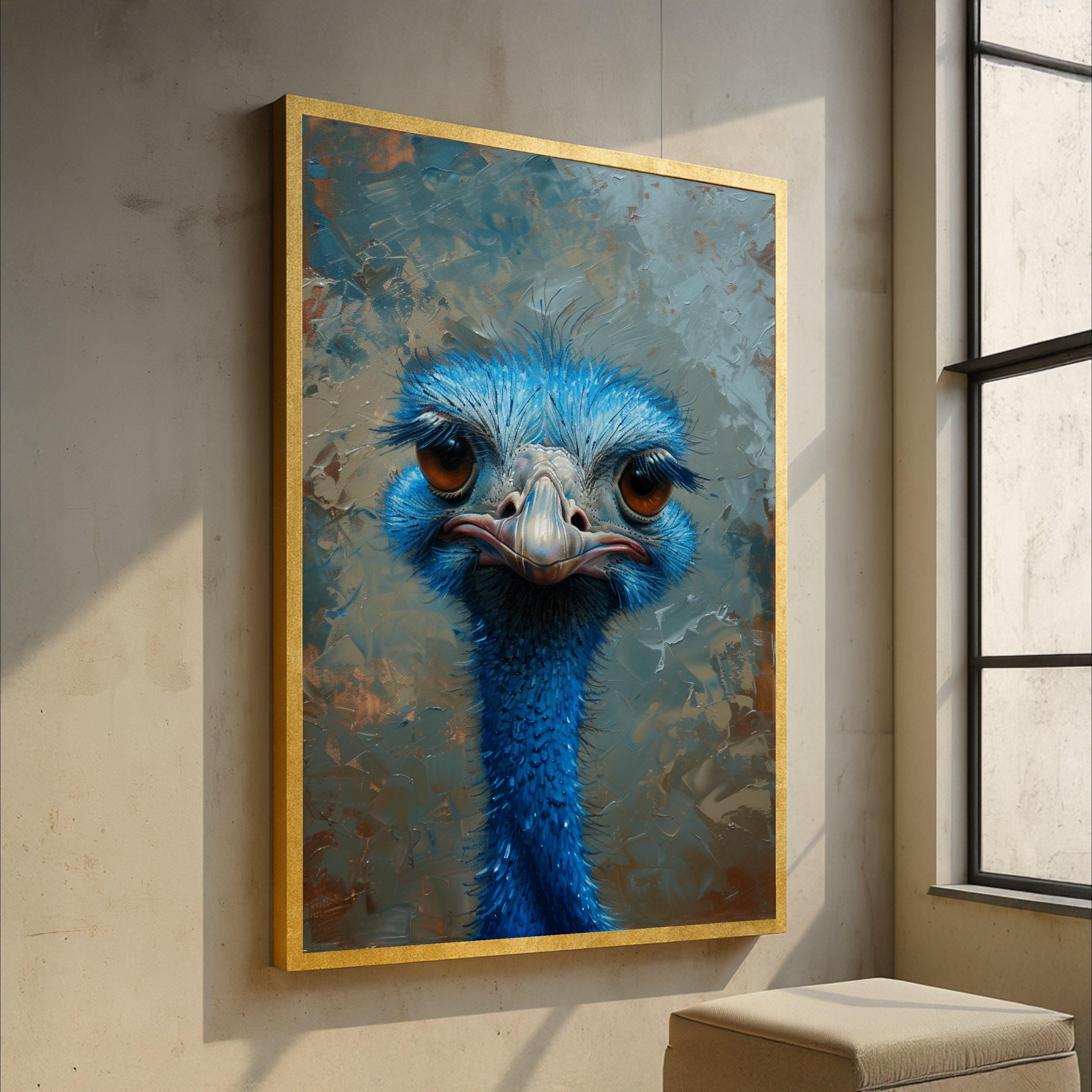 気まぐれな青いダチョウの肖像画キャンバス、動物の顔の壁アート
