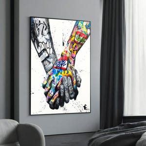 Graffiti Holding Hands Canvas Painting – Bold Urban Art Celebrating Unity and Love, Unique Gift for Street Art and Graffiti Lovers