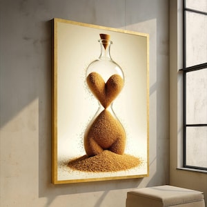 May include: A framed artwork featuring a clear hourglass with sand shaped like a heart. The hourglass is set against a light background and framed in gold. A pile of sand rests below the hourglass.