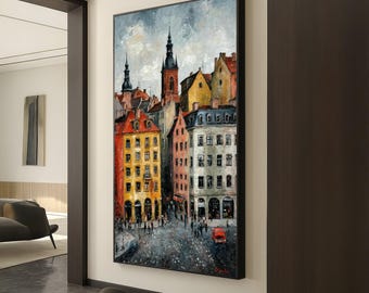 European Cityscape Canvas, Old Town Street Scene Wall Art, Vintage Architecture Painting, Urban City Canvas Decor, Historic Building Artwork
