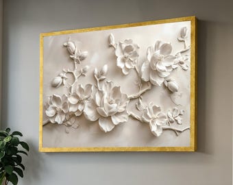 Canvas Elegante witte magnoliabloesem, bloemen muurkunst, canvas bloementak, neutraal huisdecor, stijlvolle woonkamerdecoratie