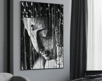 Monokrom Buddha-canvaskonst - minimalistisk zenväggdekor, svartvitt meditationskonstverk, andlig heminredning, redo att hängas