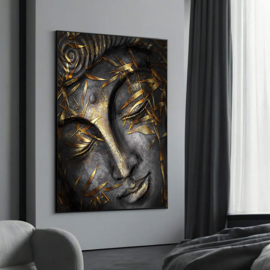 Golden Leaf Buddha Canvas Art - Elegant Zen Wall Decor, Spiritual ...