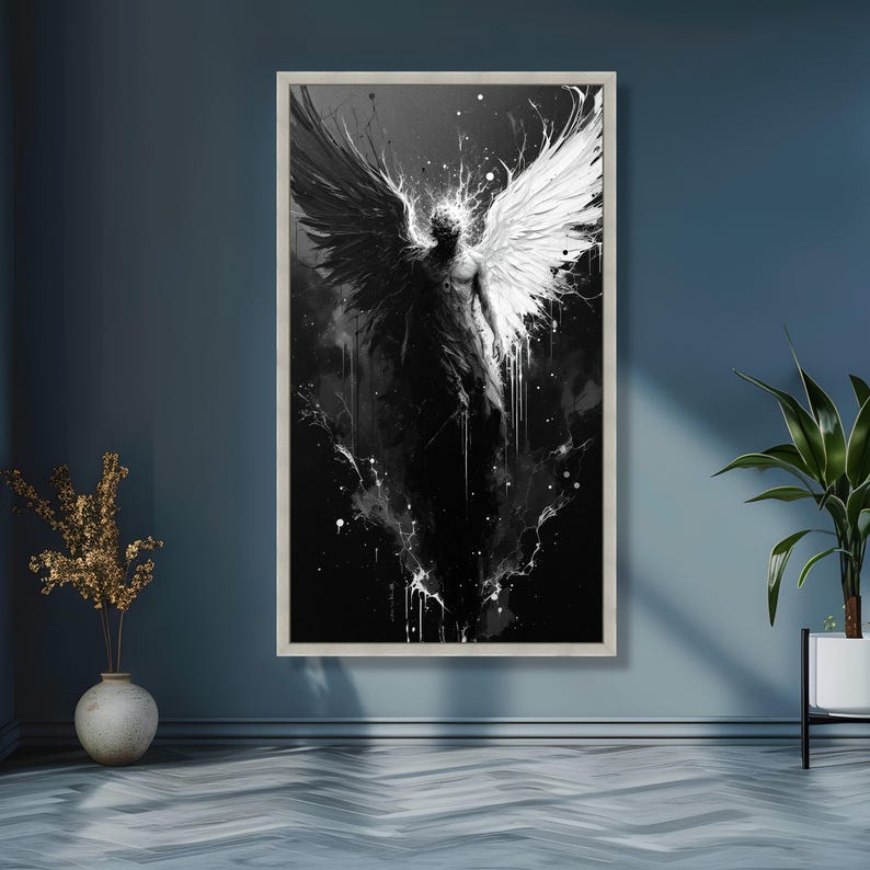 Duality Angel Canvas Wall Art, Black and White Wings Abstract Painting, Spiritual Contrast Decor, Modern Canvas Artwork, Dark and Light Home image 4