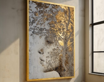 Tela de perfil feminino elegante, arte em árvore com folha de ouro, decoração de parede com natureza e beleza, tela de mídia mista, arte de parede artística moderna