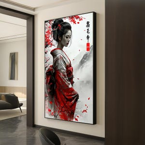 Geisha Blossom Wandkunst - Rote Sakura japanische Frau Porträt Leinwand, elegantes orientalisches Kimono Mädchen Poster, Zen Dekor