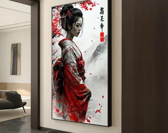May include: A framed artwork featuring a geisha in a red and silver kimono, set against a backdrop of a mountain landscape and cherry blossoms. The artwork has Japanese text on the right side. The geisha's hair is styled in a traditional updo.