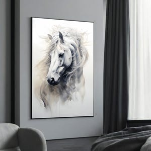 Ritratto di un grazioso cavallo bianco – Elegante e serena tela artistica per decorazioni moderne e idee regalo