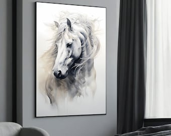 Retrato de cavalo branco gracioso – Arte em tela elegante e serena para decoração de casa moderna e ideias para presentes