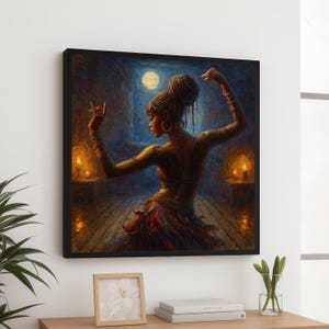 Tribal Dance Woman Canvas Wall Art, Ethnic African Dance Painting, Moonlit Dance Scene, Warm Glow Interior Decor, Ready to Hang Canvas
